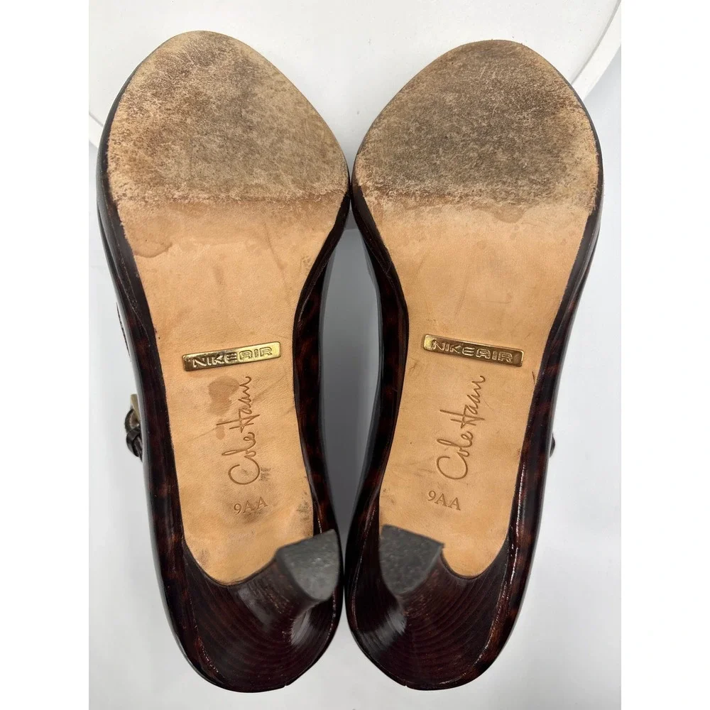 Cole Haan Nike Air Heels 9AA Brown Tortoiseshell Mary Jane Peep Toe Patent